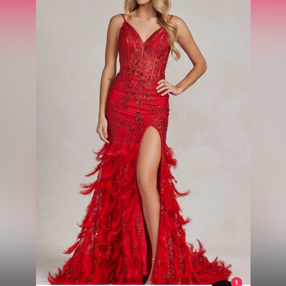 Glitter and feather Vegas style evening gown/prom dress